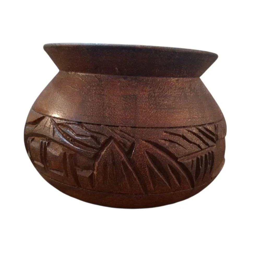 Vtg Genuine Monkeypod Handcarved Design Wood Bowl Planter Fluted Opening 4